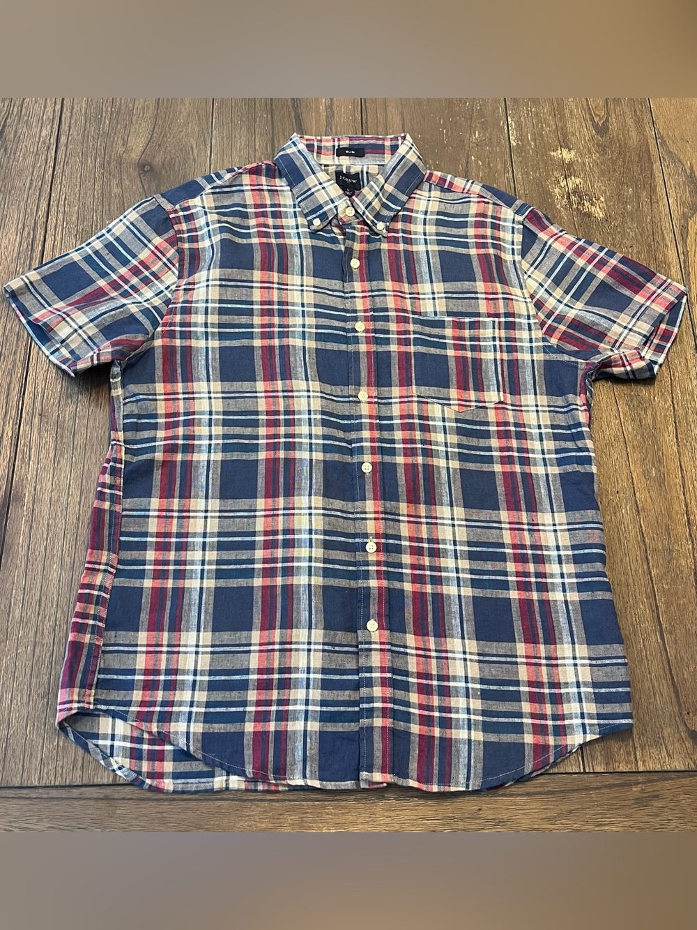 J. Crew Linen Plaid Slim Fit Short Sleeve Button Down Shirt Mens Large